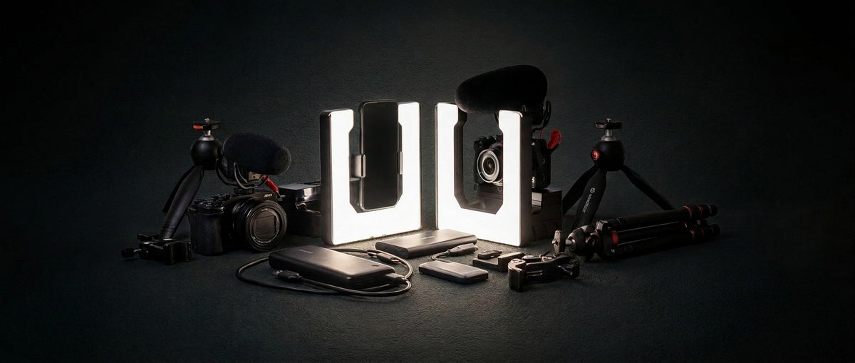 UltraLite lineup of lights, tripods, mics, and power banks on a dark background