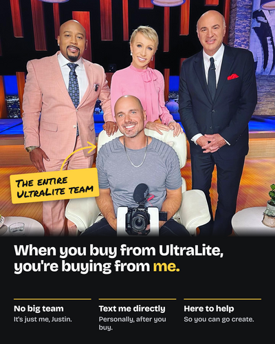 Justin McClure seated with Shark Tank investors, including Daymond John, labeled the entire UltraLite team. When you buy from UltraLite, you're buying from me. No big team, it's just me, Justin. Text me directly, personally, after you buy. Here to help, so you can go create